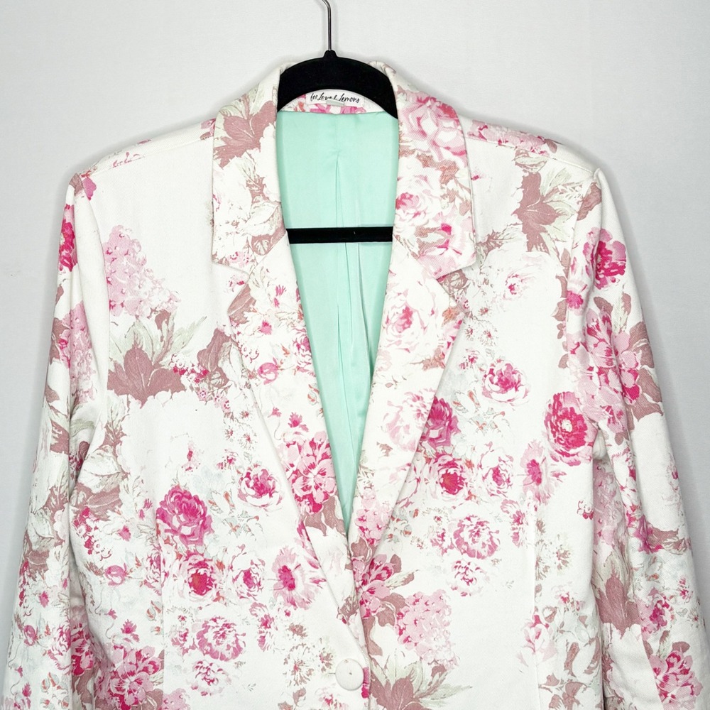 For Love & Lemons Pink Floral Cotton Blazer White Mint Green Size Small - Picture 3 of 10